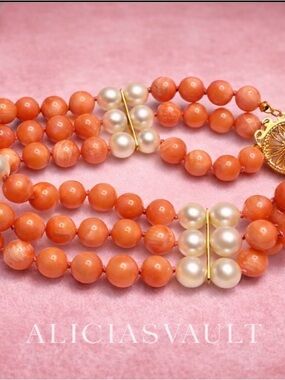 Vintage Three Strand Coral & Pearl Bracelet 14K Gold Clasp Salmon Pink Beaded